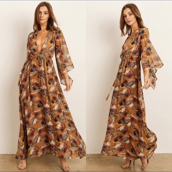 Dresses & Skirts - 1 SM LEFT Camel leaf print v neckline maxi…